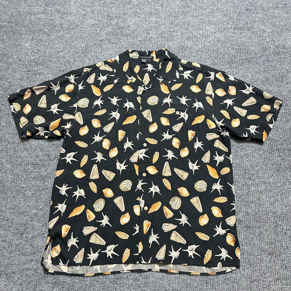 Tulliano Mens‎ Button Up Shirt Size XL Black Shell Print Pure Silk Short Sleeve
